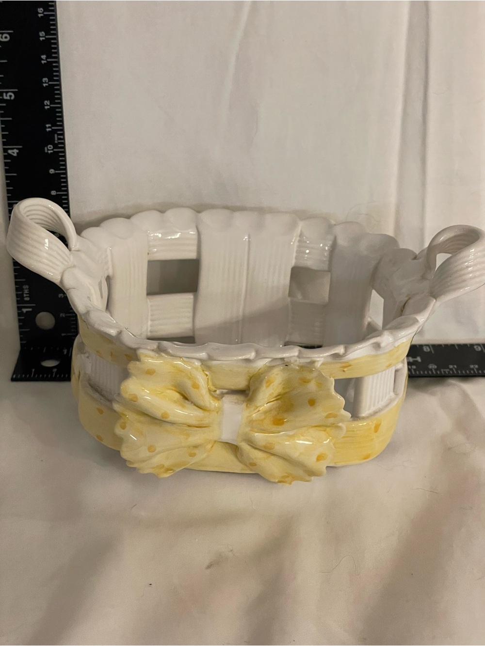 White Ceramic Basket Vase with Yellow Bow Accent